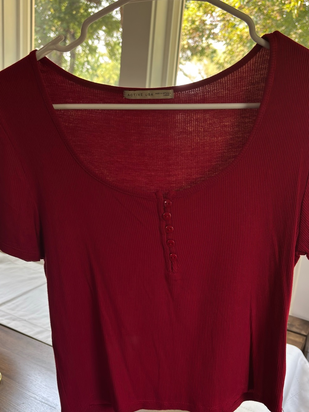 Active USA Red Ribbed Scoop Neck Henley Short Sleeve Top